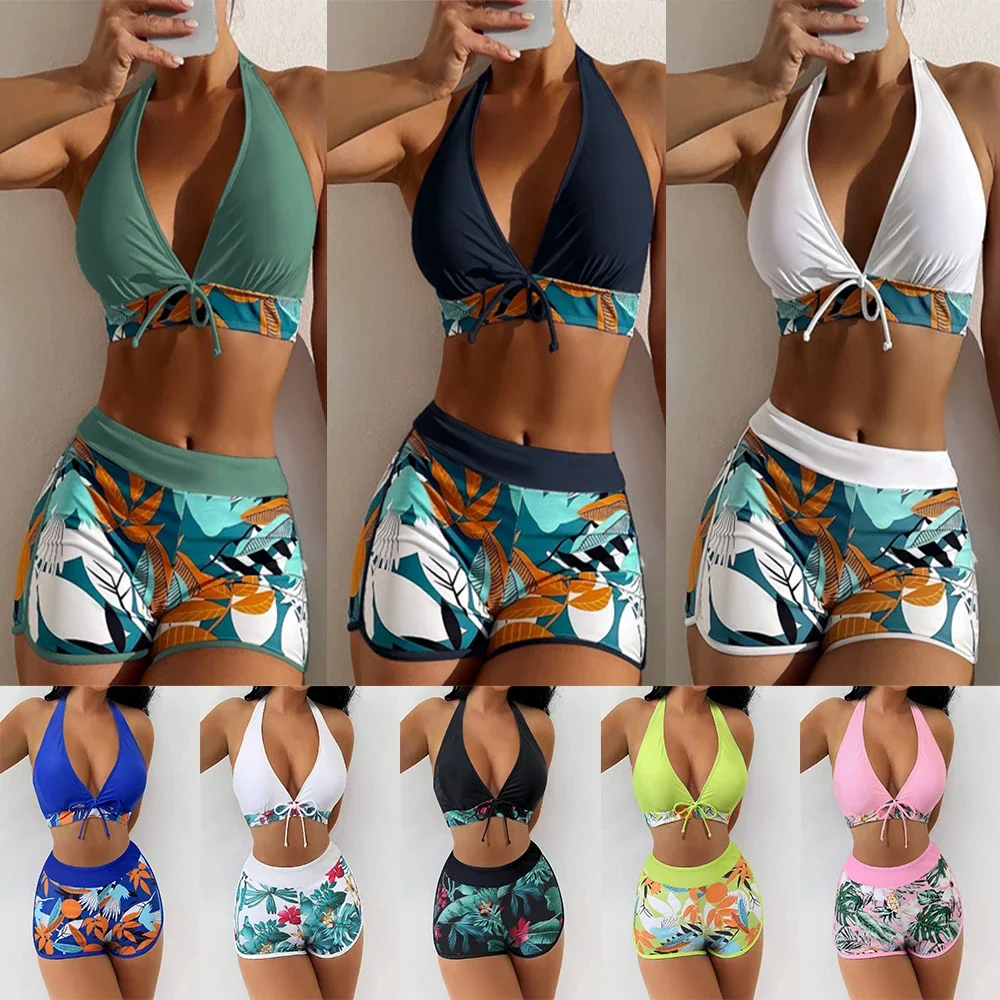 Sexy Triangle Bikini Set Women's Two Pieces Swimsuit Hanging Neck Cross Split Swimwear Color Matching Brazilian Bathing Suit