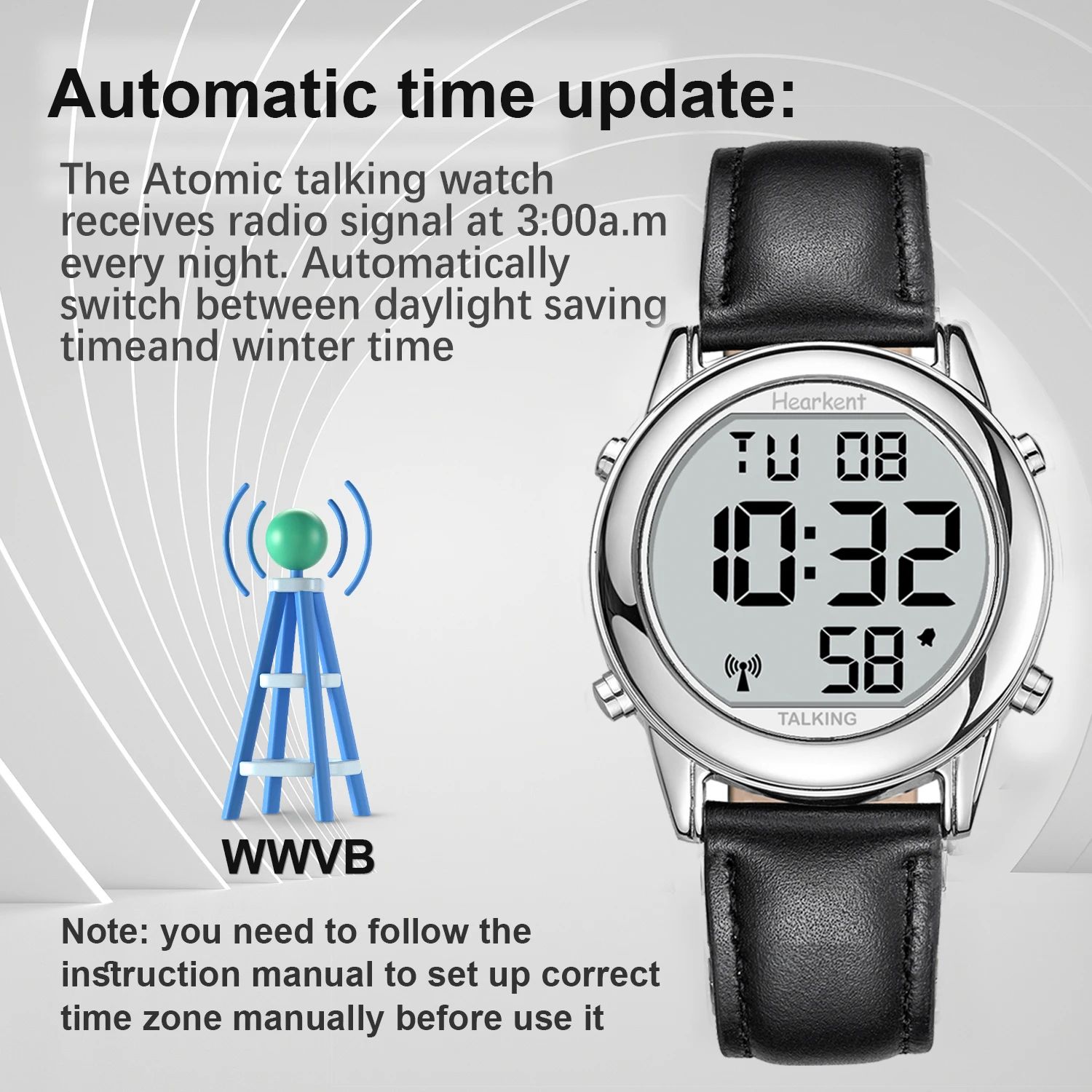 Hearkent Talking Watches for Blind Elderly Men's Clock Talking Time with Atomic Alarm Radio Wrist Watches Spanish/German/English 4