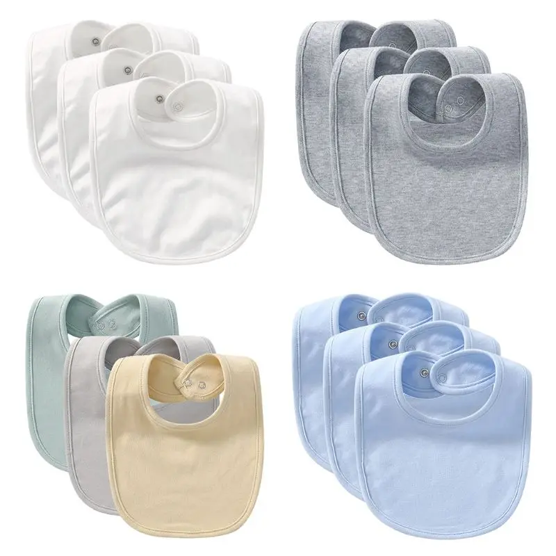 

77HD 3 Pcs Newborn Solid Color Absorbent Button Bib Scarf Baby Feeding Drool Bibs Soft Cotton Breathable Saliva Towel