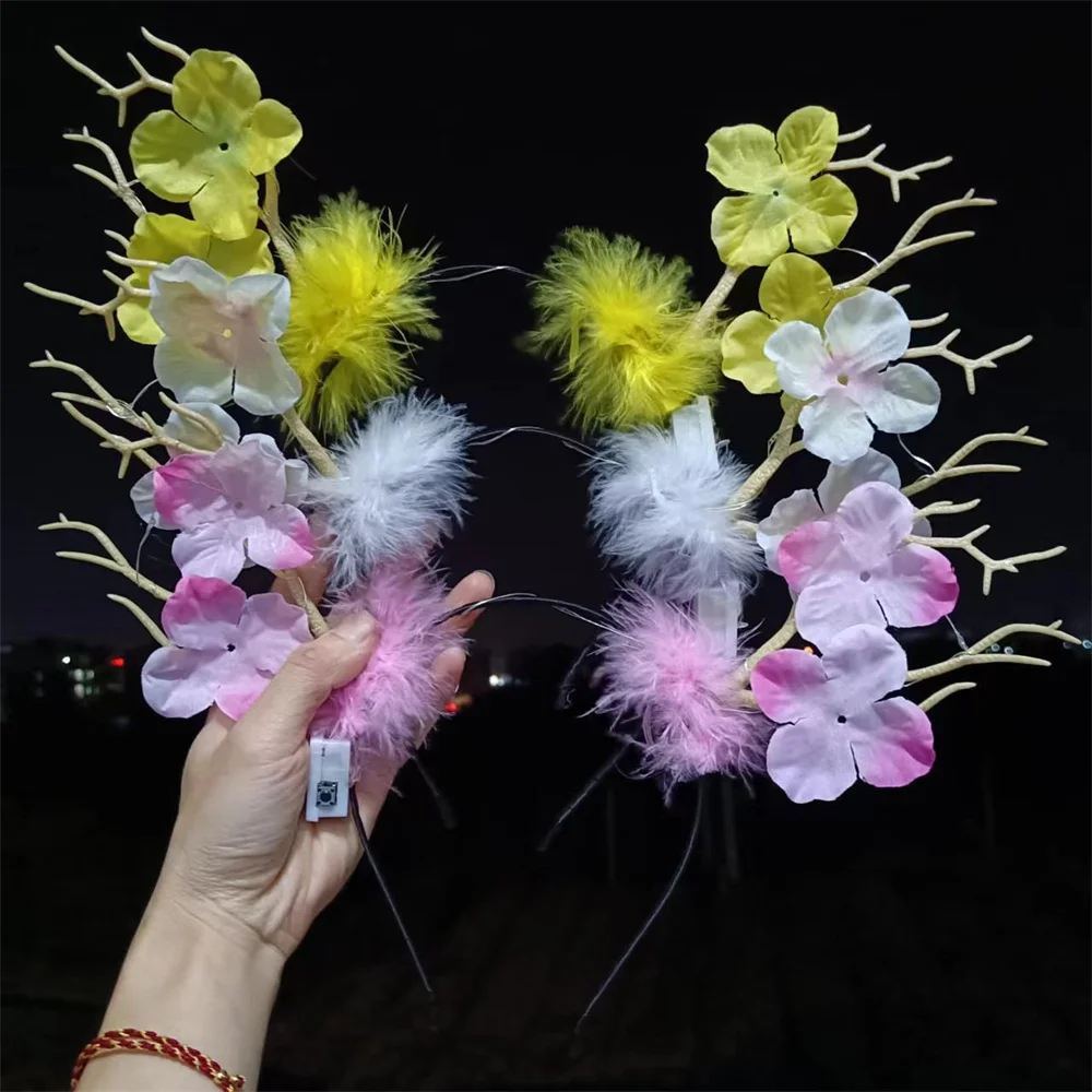 New Led Glowing Antlers Headband Plum Blossom Feather Elk Hair Accessories Christmas Decoration Party Dress Up Headdress