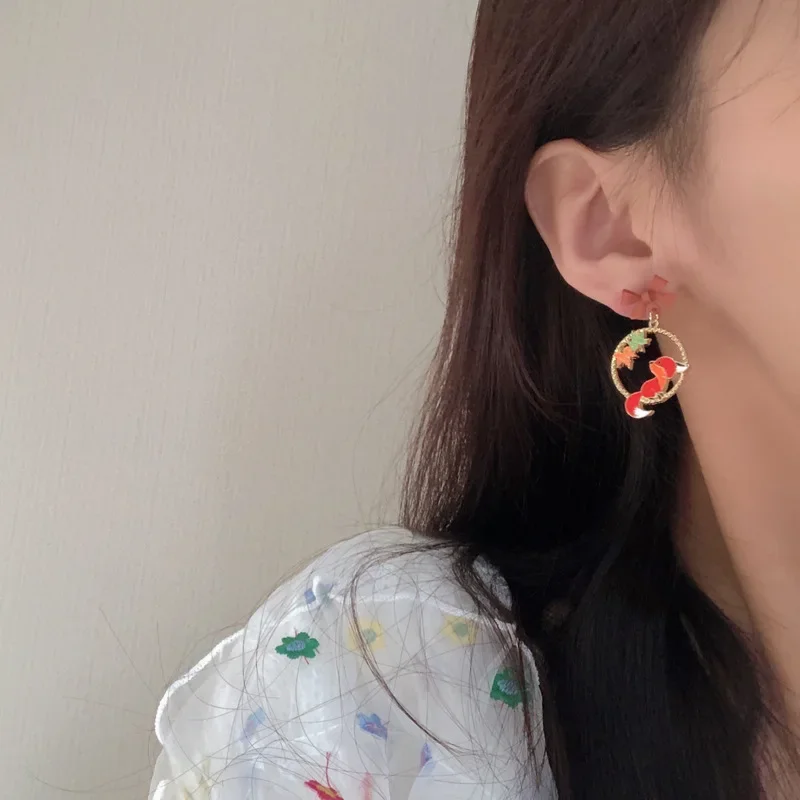 Cartoon Animal Fox Yellow Maple Leaves Earrings for Women Cute Bow Dangle Earring Party Jewelry Gifts