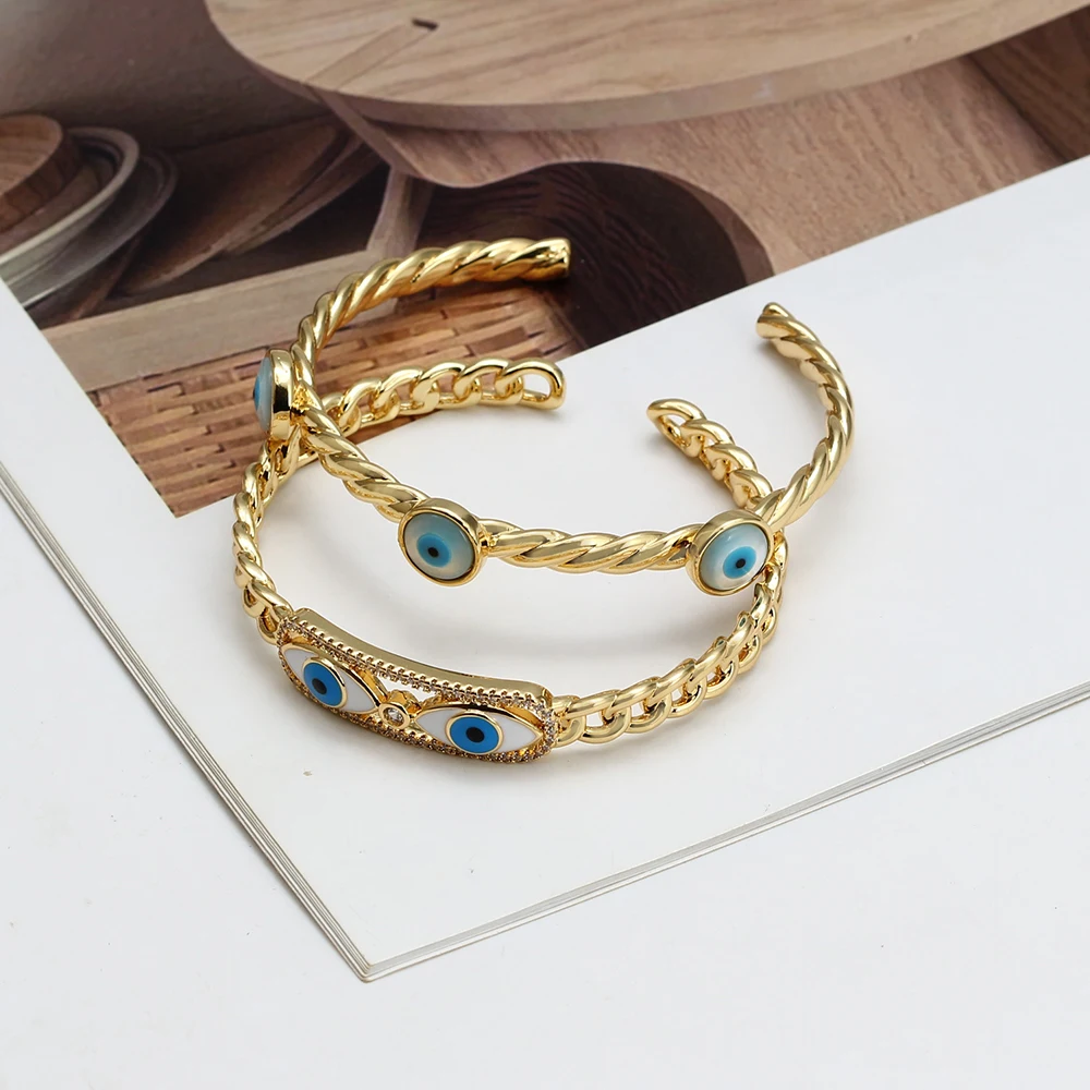 Lucky Eye Fatima Hamsa Hand Cross Heart Open Bangle Copper Adjustable Turkish Evil Eye Bangle for Women Girls Men Jewelry BE812 5