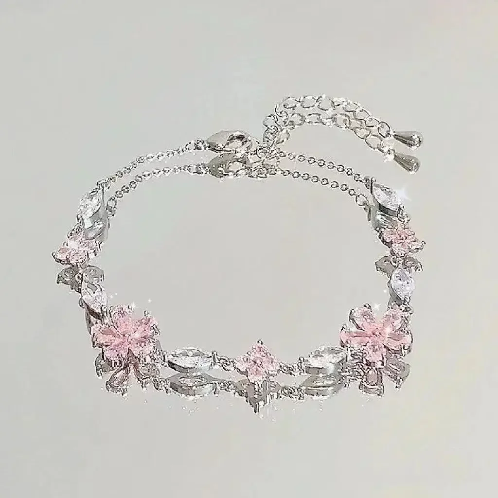 Crystal Cherry Blossom Bracelets For Women Girls Shiny Pink Sweet Moon Bow Flowers Zircon Party Aesthetic Jewelry