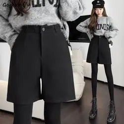 Wide Leg Shorts Women Baggy Autumn Spring Ladies High Waist Casual A-line Trousers Solid Color Button Pockets All-match Loose