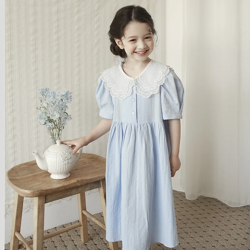 

Summer Korea Children Dresses 10 To 12 Sweet Elegant Cotton Long DressRemovable Lace Collar Baby Sweet Clothes 2023