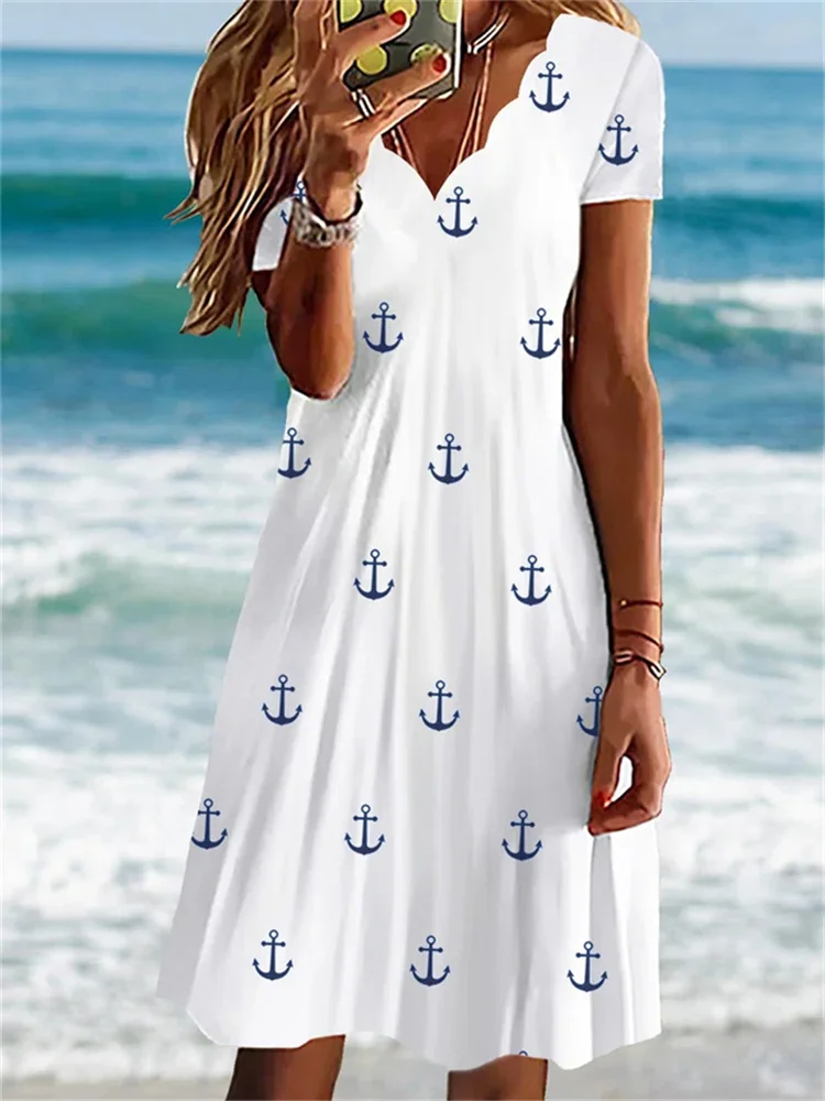 

2023 New Summer 3D Digital Printing Slim Fit Short Sleeve Wave Neck Dress for Women
