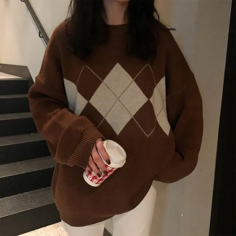 

3 Colors Korean Style Women Winter Tops Female Casual O-Neck Geometric Type Long Sleeves Pullover Knit Knitted Oversize Sweater