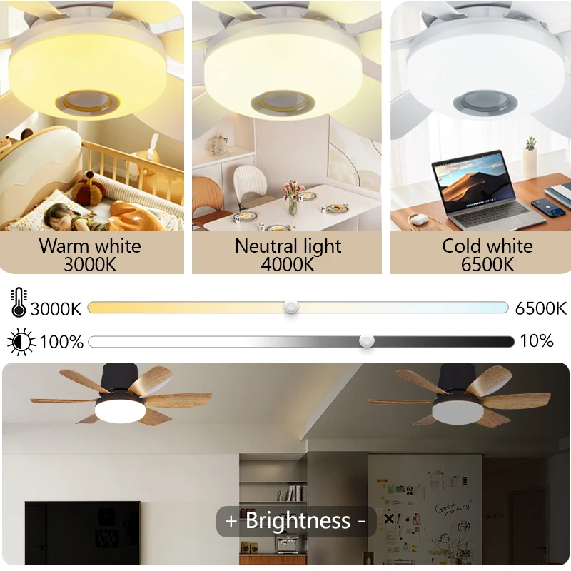 RGB Smart Ceiling Fan E27 Base with Speaker Remote Control Dimming 100-240V Electric Fan Led Light for Bedroom Kitchen Lighting