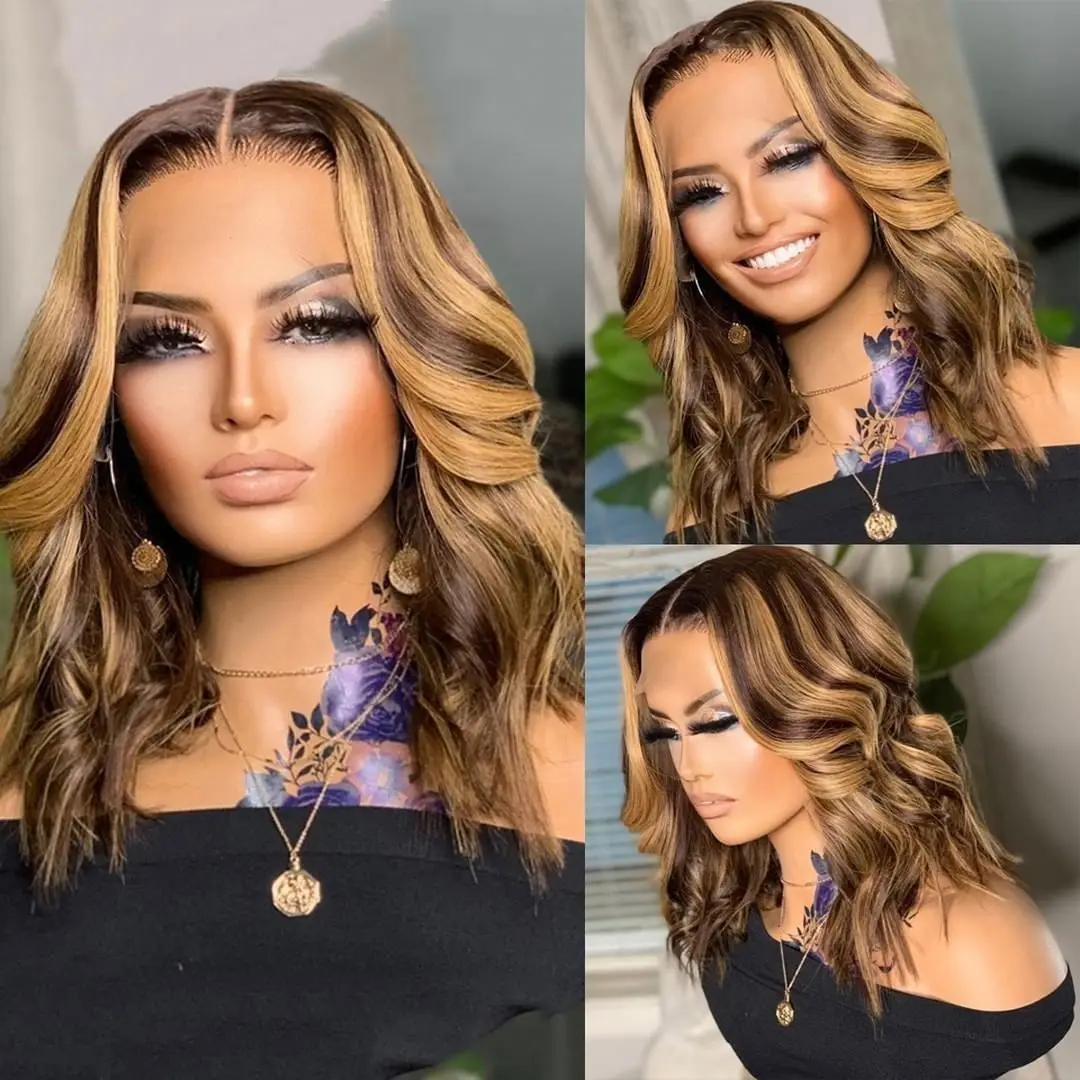 

Highlight Wig Human Hair Colored Human Short Bob Wigs For Women 13x4 Brazilian Pre Plucked Body Wave Wig On Sale Clearance