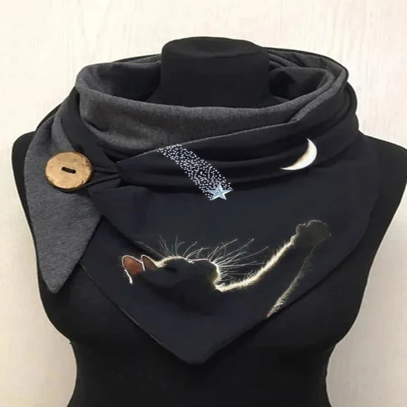 

Cute Cat Pattern Button Style Scarf 3D Printed Warm Fleece Casual Scarf And Shawl for Women