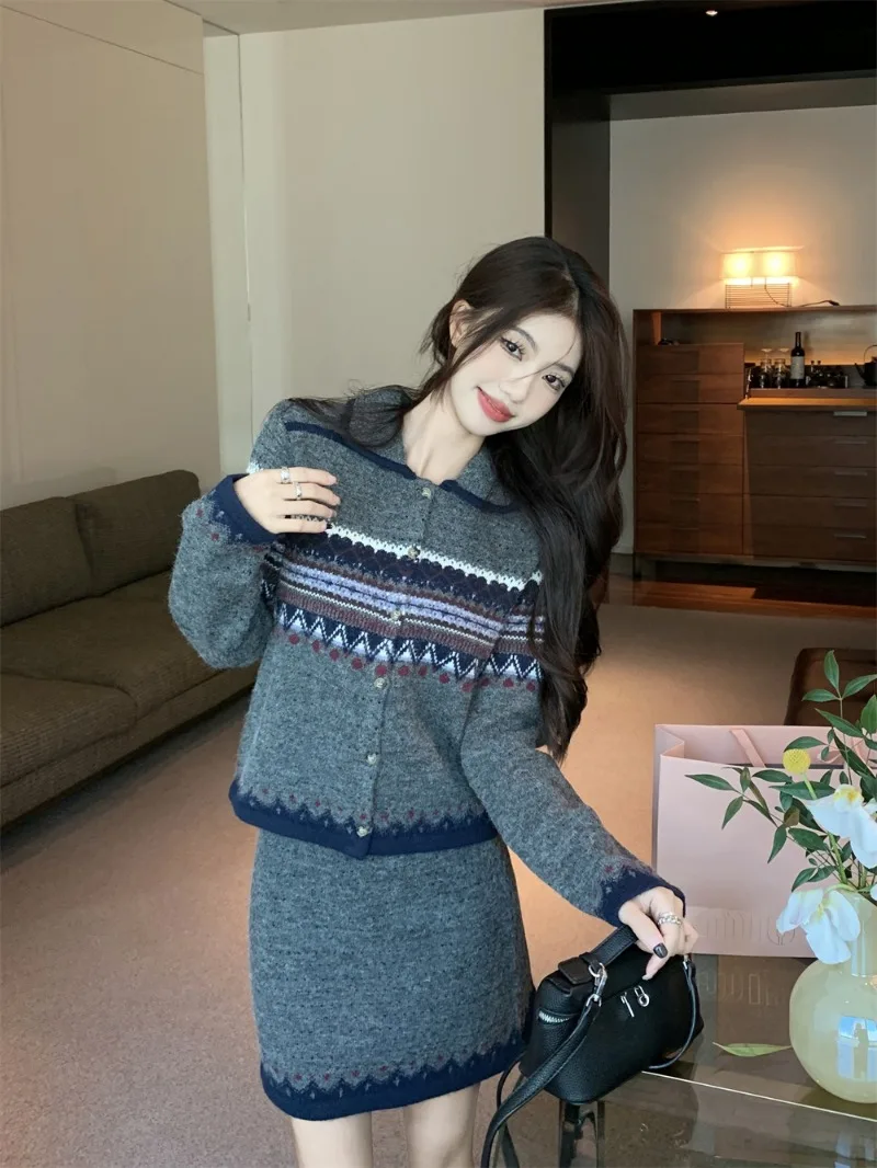 용수철 자카드 니트 가디건, 하이웨이스트 미니 스커트, 2 피스 세트, 세트 여성 패션 의류, 스위트 핫 걸 레트로