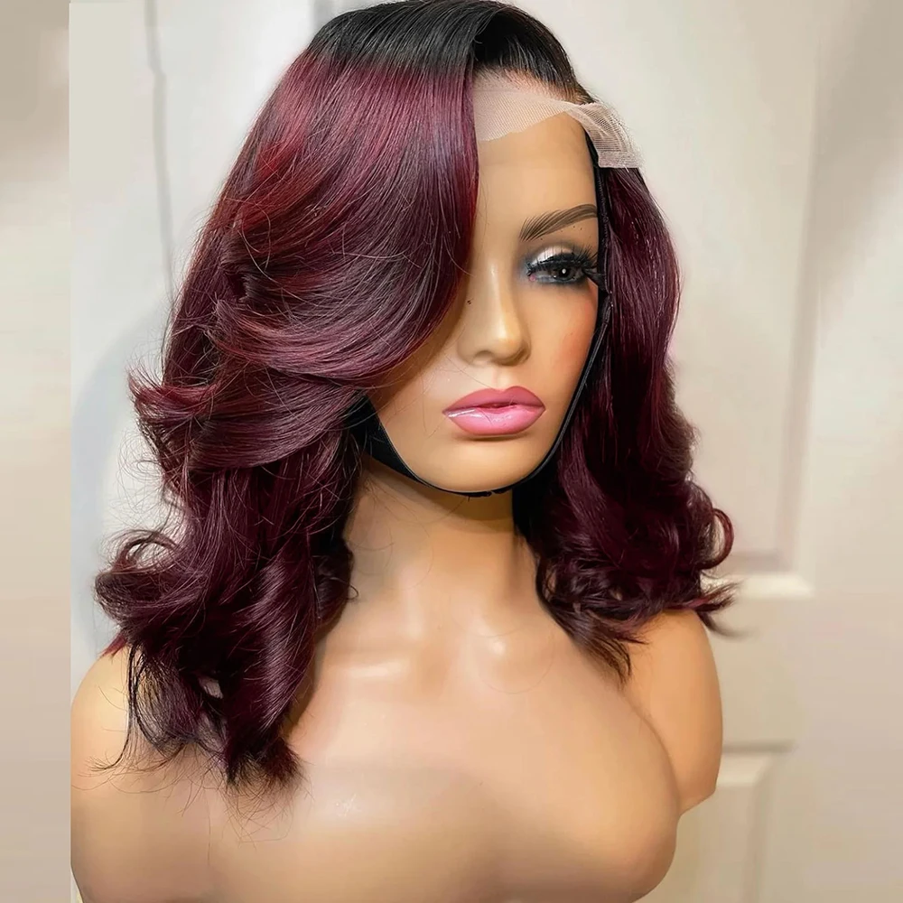 

99J Body Wave Bob Lace Front Wig Ombre HD Lace Wig Human Hair Wigs Glueless Pre Plucked Bunrgundy Colored Short Bob Wig 180%