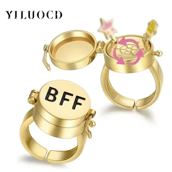 YILUOCD 2 Pcs Gold Color Spinner BFF Matching Rings Best Friend Open Rotate Ring Forever Friendship Cute Cartoon Anime Jewelry 1