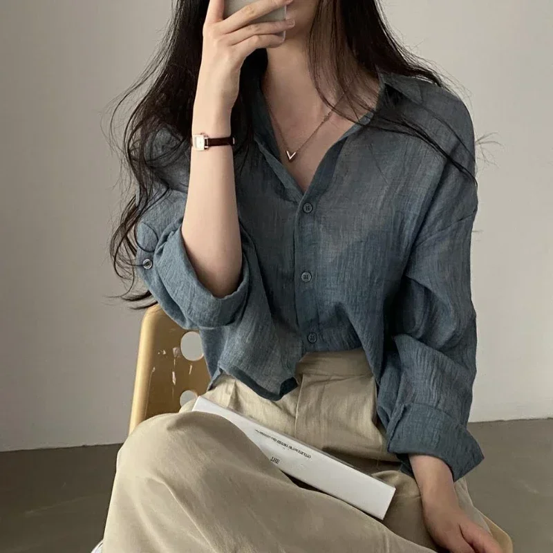 한국 트렌디 셔츠 블라우스, 심플하고 얇은 순색, 자외선 차단 셔츠, 페이드 방지 셔츠, 자외선 차단 상의, 여성 스트리트웨어, 신상