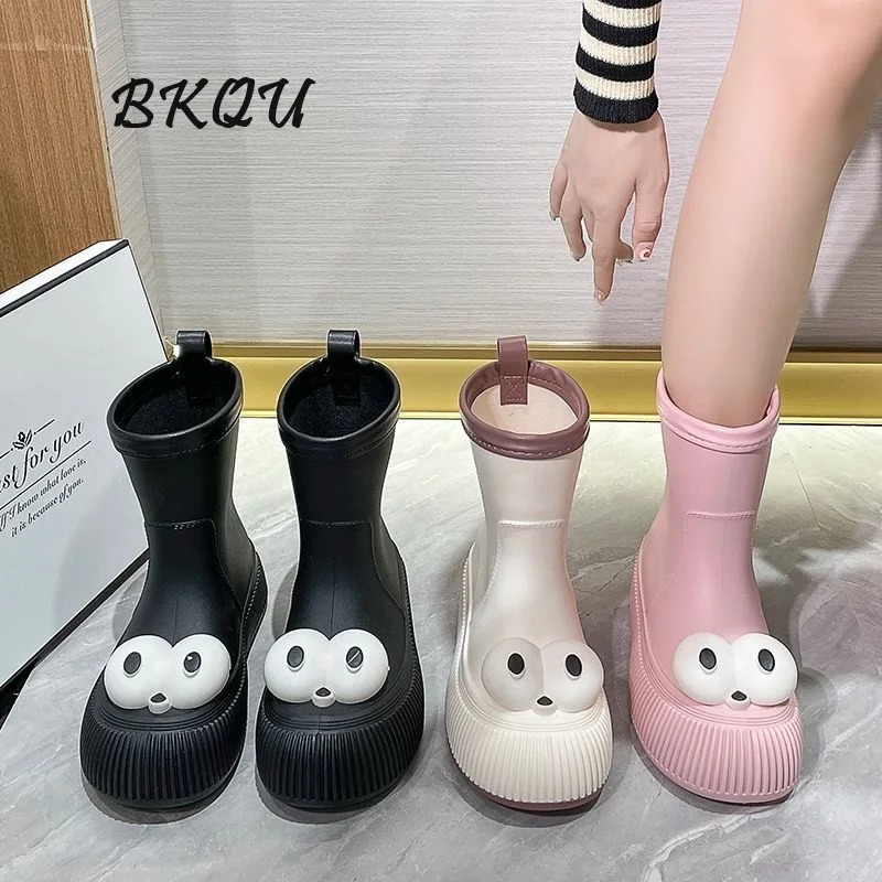 BKQU 2024 Cute Plus Fleece Adult Fashion Outside To Wear Cute Middle Anti-slip Rain Boots Wear-resistant Waterproof Rubber Shoes