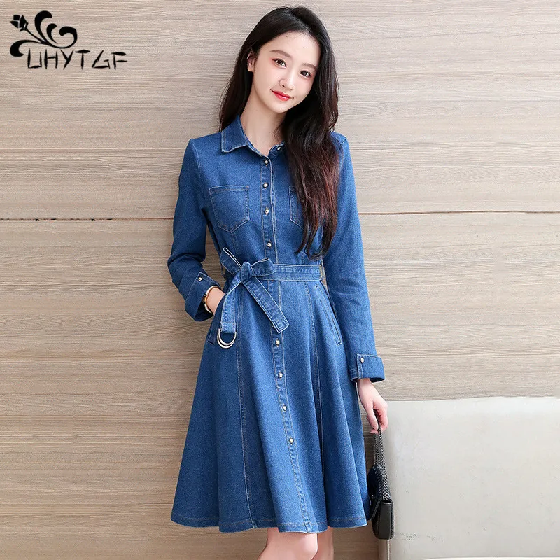

UHYTGF весенне-осенняя одежда, эластичное джинсовое платье, женские однобортные джинсовые платья с поясом, женское модное ТРАПЕЦИЕВИДНОЕ платье для женщин 1025