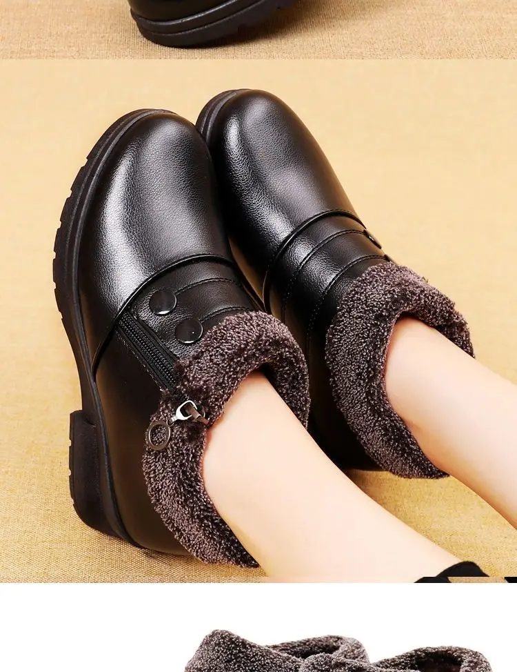 أحذية شتوية مبطنة بالصوف الدافئ بجزء سفلي مسطح ومضادة للانزلاق أحذية الثلوج النسائية القطنية بنمط بكين نعل مطاطي ناعم مريح