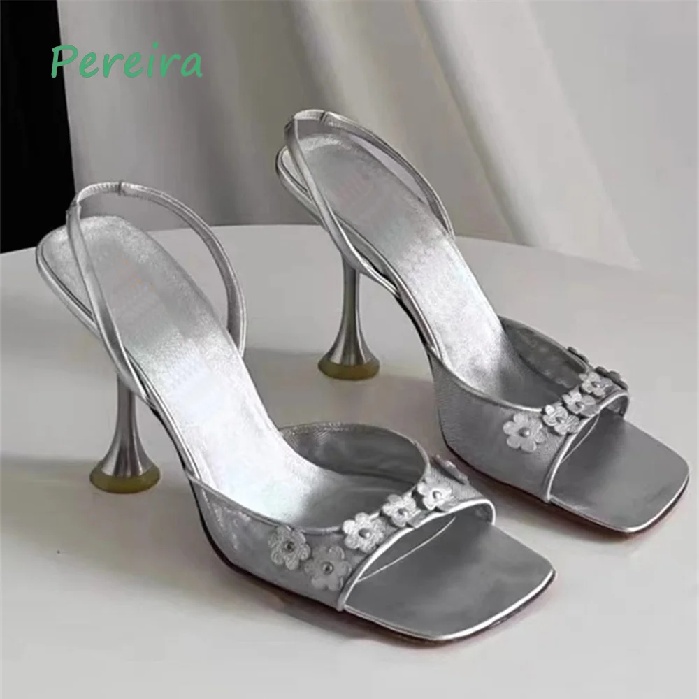 

Vintage Design Flower Stiletto Sandals Women's Summer New Arrival Square Toe Sexy Fashion Sliver Shoes for Footwear