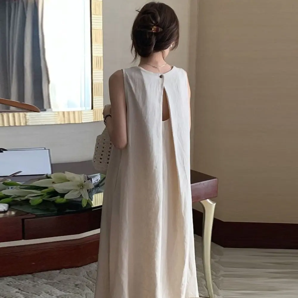 Fashion Solid Summer Sleeveless Dress Round Neck Hollowed Out Vocation Vest Dresses Simple Beachwear Open Back Long Dress Teens