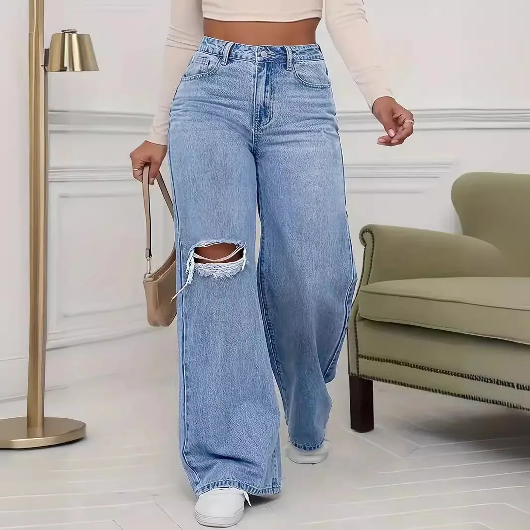 Pantalon en Denim à jambes larges pour femmes, ample, taille haute, trou de personnalité délavé, nouvelle mode classique décontractée, longueur au sol, quatre saisons