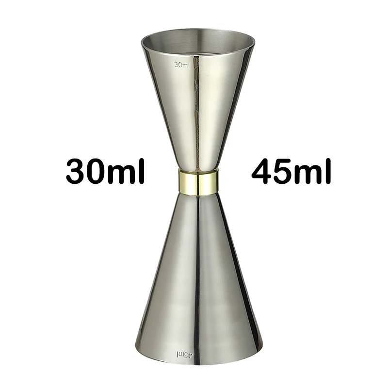 Assorted stainless steel cocktail jiggers for precise drink measurement in different sizes and finishes