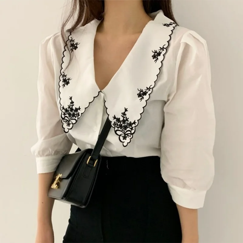 

2023 Vintage Short Sleeve Korean Chic Puff Sleeve Blouse Elegant Floral Embroidery Women Shirts Mujer De Moda Clothes Tops 14223
