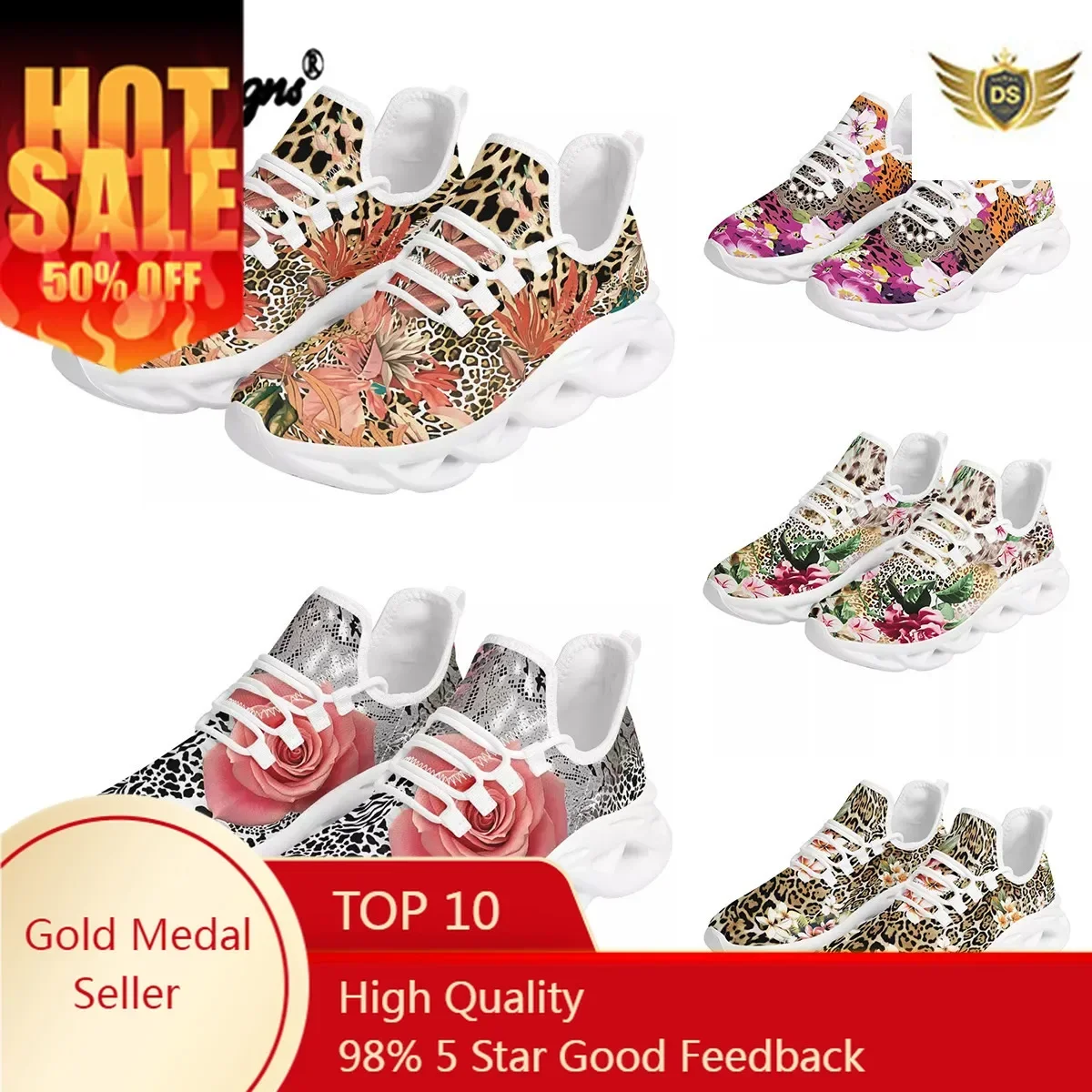 Sexy Leopard With Flower Pattern Women's Sneakers Summer Sport Shoes Plus Size Knit Shoes Ladies Trainers