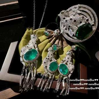 2023 New Emerald Tourmaline Leopard Tassel Jewelry Sets 925 Silver Color Women Luxury Wedding Bridal Elegant Anniversary Gift 1