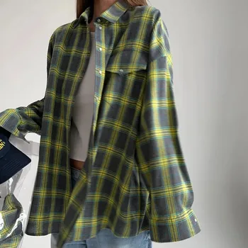 New Vintage Women Oversized Long Sleeve Plaid Shirt Blouse Tops Autumn Winter Button Down Loose Lapel Pocket Shirt Korean Style 4