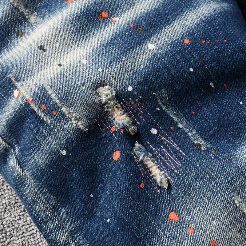 Streetwear Fashion Men Jeans Retro Washed Blue Stretch Slim Fit Ripped Jeans Men Painted Designer Vintage Denim Pants Hombre