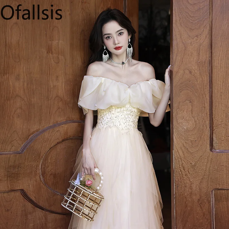 

Ofallsis Off Shoulder Evening Dress 2024 New Elegant Vintage Light Luxury High End Art Exam Host Adult Ceremony Princess Dresses