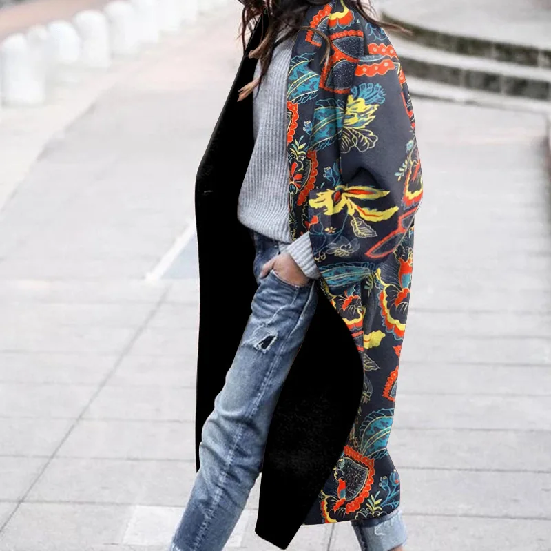 

Fashion Casual Printed Wool Warm Long Cardigan Coat Elegant New Retro Pattern Loose Overcoats Women Street Commute Lapel Jackets