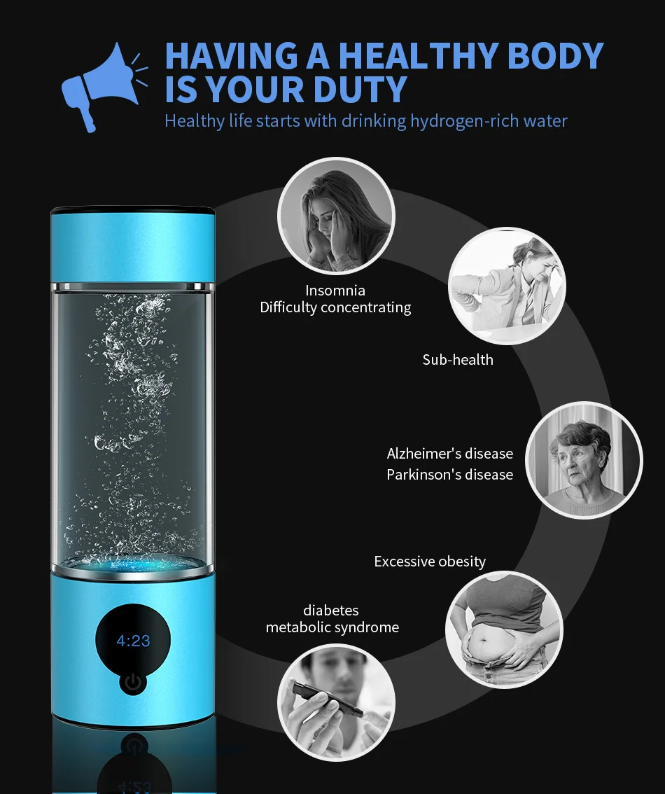 Description Picture 3 of itemSUYZEKO Hydrogen Water Bottle Portable High-Concentration H2 Rich Water Cup Rechargeable Water Ionizer Generator Antioxidants