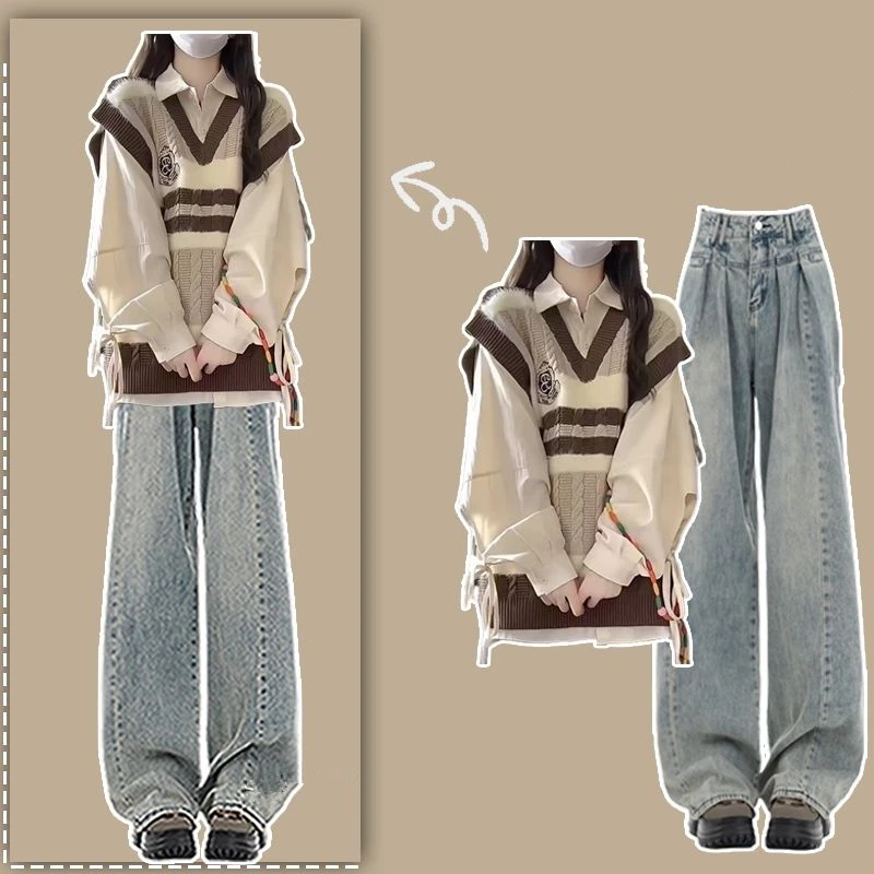 Preppy Style Women's Fall Clothing Matching Sets Lady Patchwork Knit Vest Shirts Wide Leg Pants Outfits Tank Sweater Trousers 2