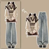 Preppy Style Women's Fall Clothing Matching Sets Lady Patchwork Knit Vest Shirts Wide Leg Pants Outfits Tank Sweater Trousers 2