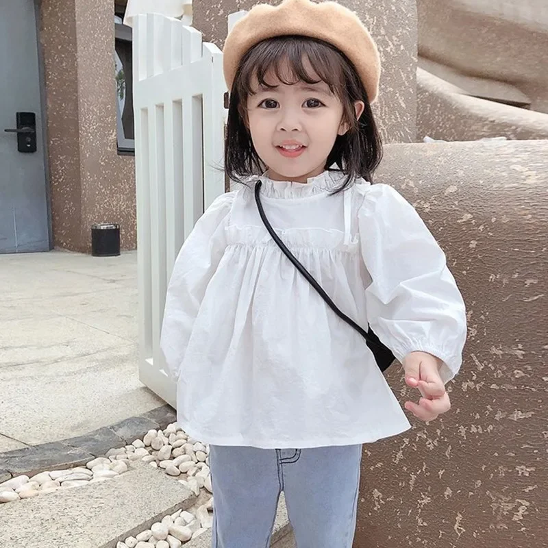Spring Autumn Girls Children Lapel Blouse With Flared Sleeves Shirt Long-Sleeved Cotton Lace Child Girl Tops Blouse Kids Clothes