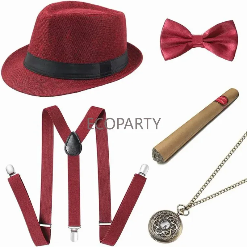 Disfrace Halloween 1920s Mens Gatsby Gangster Accessories Set Panama Hat Suspender Bow Tie 20s Great Gatsby Cosplay Accessories