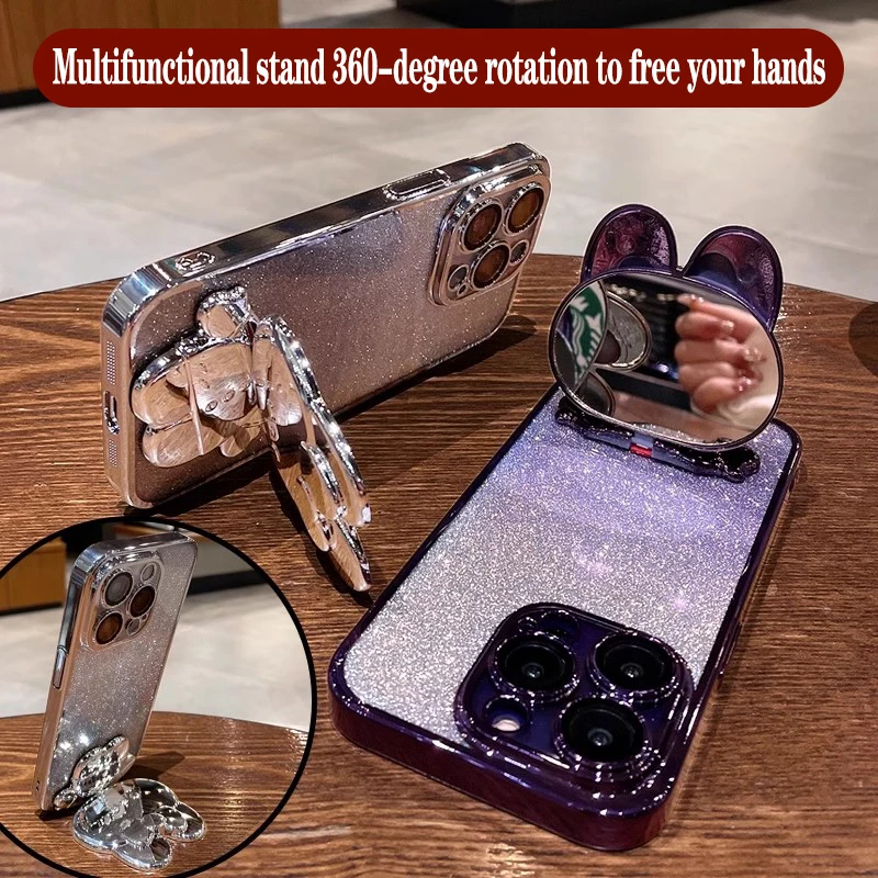 Rabbit Makeup Mirror Plating Phone Holder Case Cover