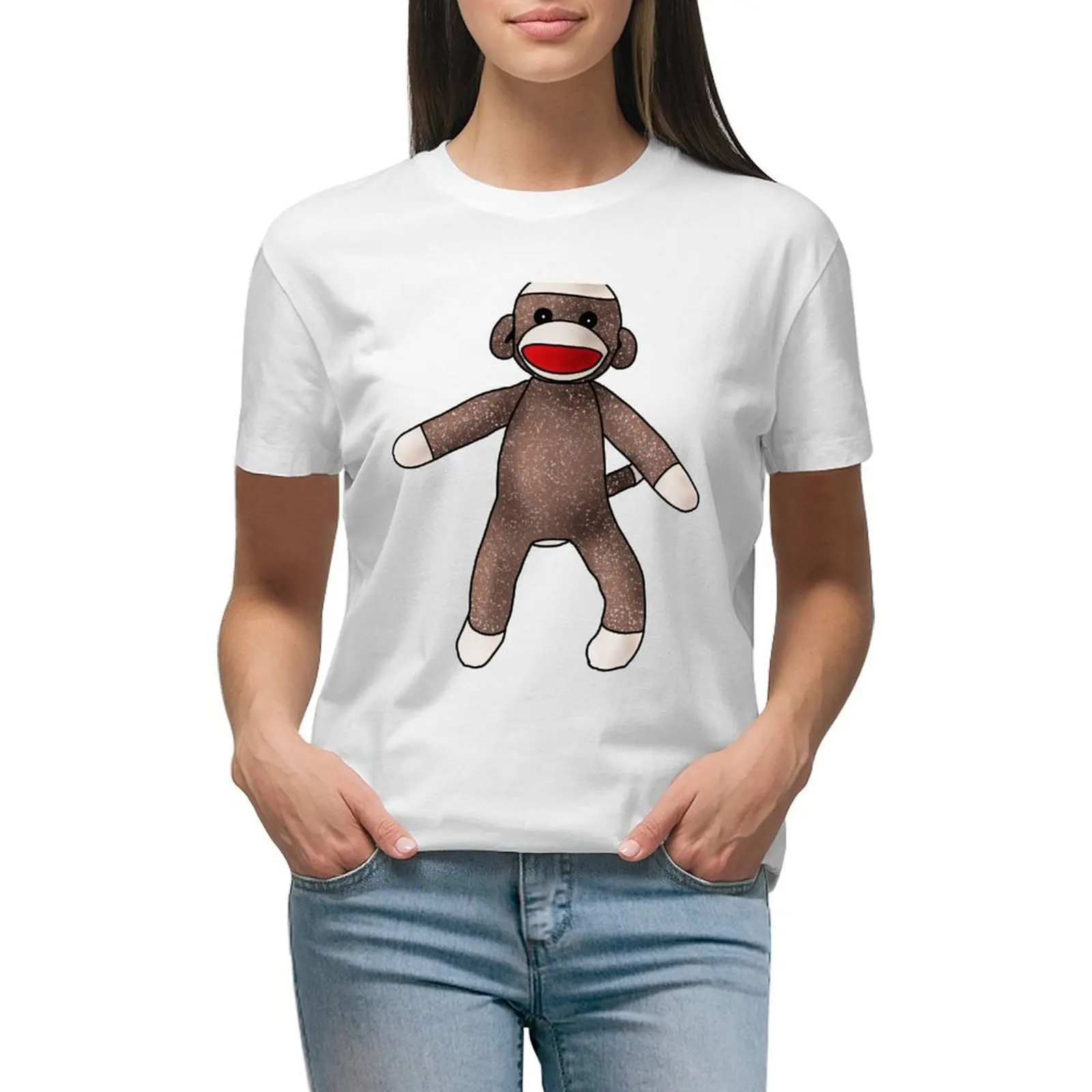 

Classic Sock Monkey Painting T-shirt summer top Female clothing western t-shirt dress for Women