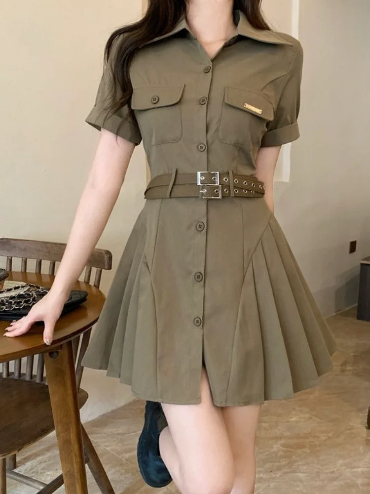 

QWEEK Cargo Shirt Dress Pleated Vintage Retro Streetwear Belt Mini Short Dresses 2023 Summer Sundress Outfits Female