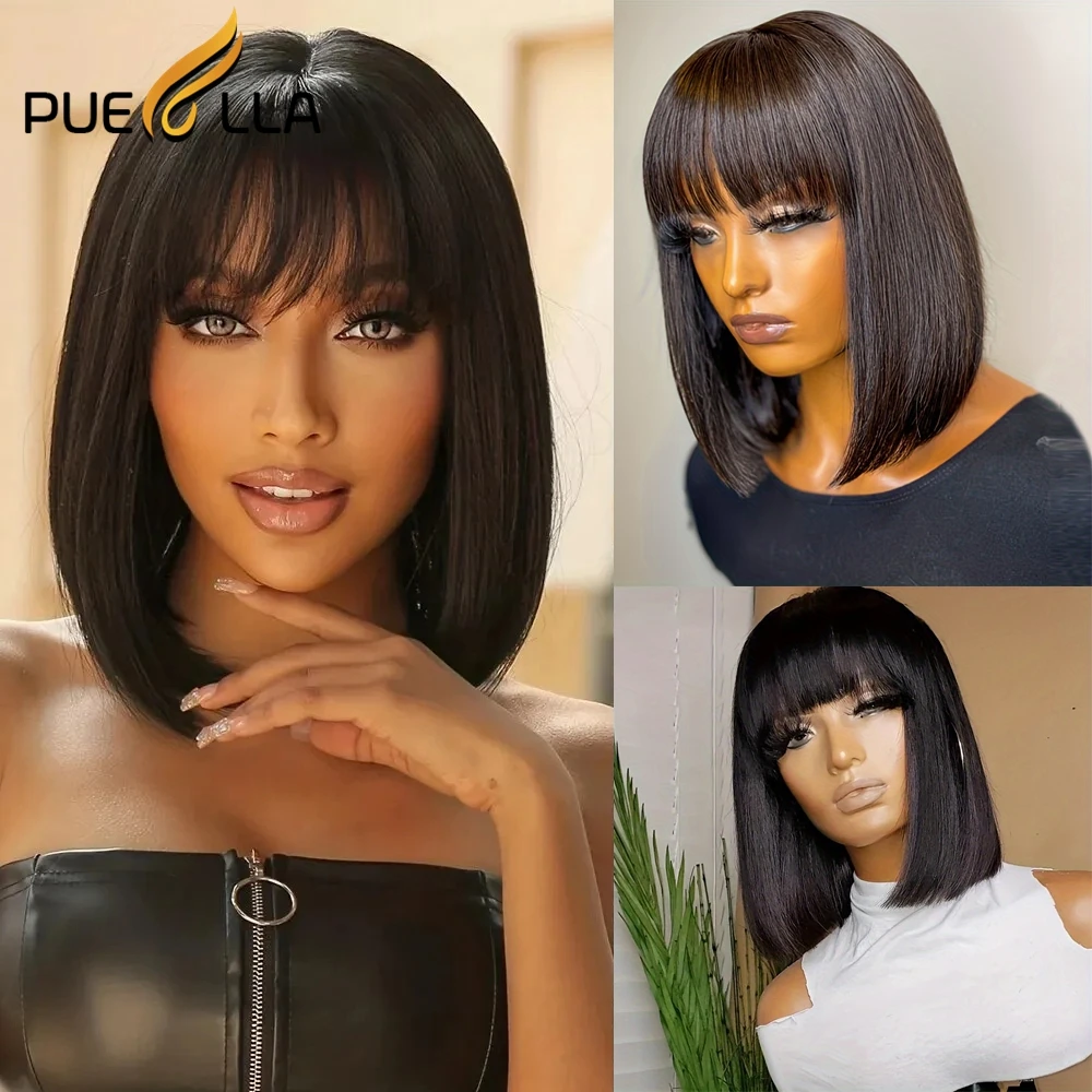 

Straight Short Bob Remy Human Hair Wig With Bangs Glueless Pixie Cut Natural Black Full Machine Made Wigs For Black Women