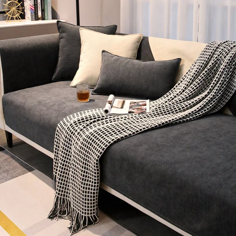 Chaise Longue Anti Slip Sofa Mat 4seasons Universal Anti Slip Nordic Chenille Couch Cover L-shaped Sofa Slipcover Living Room 4