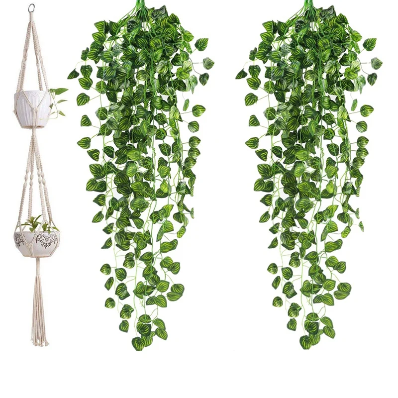 

1 Pcs Macrame Double Plant Hanger 2 Tier Hanging Planter & 2Pcs Artificial Ivy Garland Fake Hanging Vine Plants