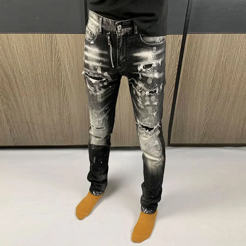 High Street Fashion Men Jeans Retro Black Gray Stretch Slim Fit Ripped Jeans Men Painted Designer Hip Hop Brand Pants Hombre