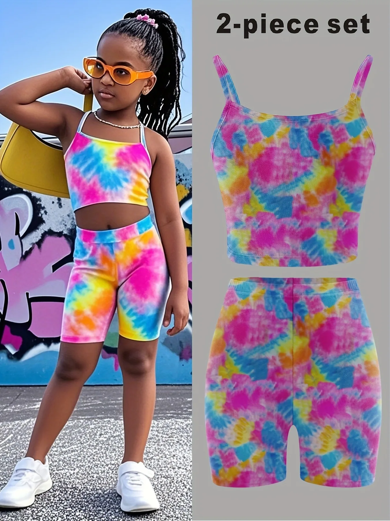 2-teiliges Set aus Cami-Crop-Top und Biker-Shorts für Kinder und Mädchen, Sommer-Outfit für lässige Streetwear und Loungewear