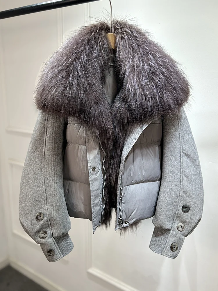Lagabogy 2026 Natural Real Fur Collar Down Coat Women Thick Puffer Jacket Autumn Winter Loose Patchwork Sleeves Female Parkas