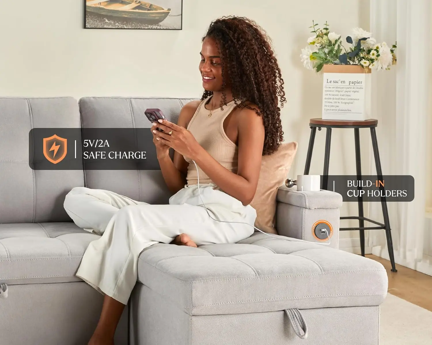 Description Picture 4 of itemFolding Beds Sleeper Sofa Pull Out Couch Bed with USB Charging Port & Cup Holders L-Shaped Sectional Couch with Storage Chaise