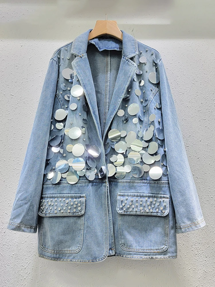 DEAT Women's Denim Suit Coat Big Sequins Diamond Pockets