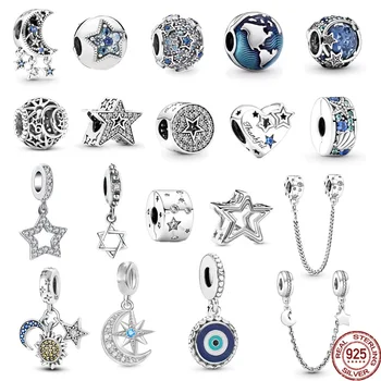 925 스털링 실버 파베 비대칭 스타 및 초승달 참 갤럭시 안전 체인 비즈 쥬얼리에 맞는 오리지널 판도라 팔찌
