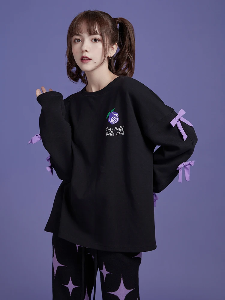 Purple And Black Hooded Three-Dimensional Bow Rose Print Long Sleeve Loose Sweatshirt Sweet Cool Top Pullovers Oversized Hoodies